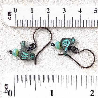 Verdigris Bird Earrings with Bead, Copper Earwires