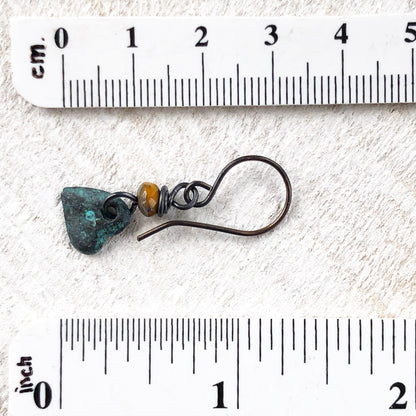 Verdigris Heart Earrings with Bead, Copper Earwires