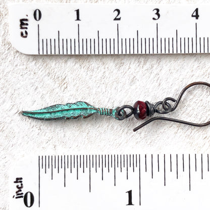 Verdigris Feather Earrings with Bead, Copper Earwires