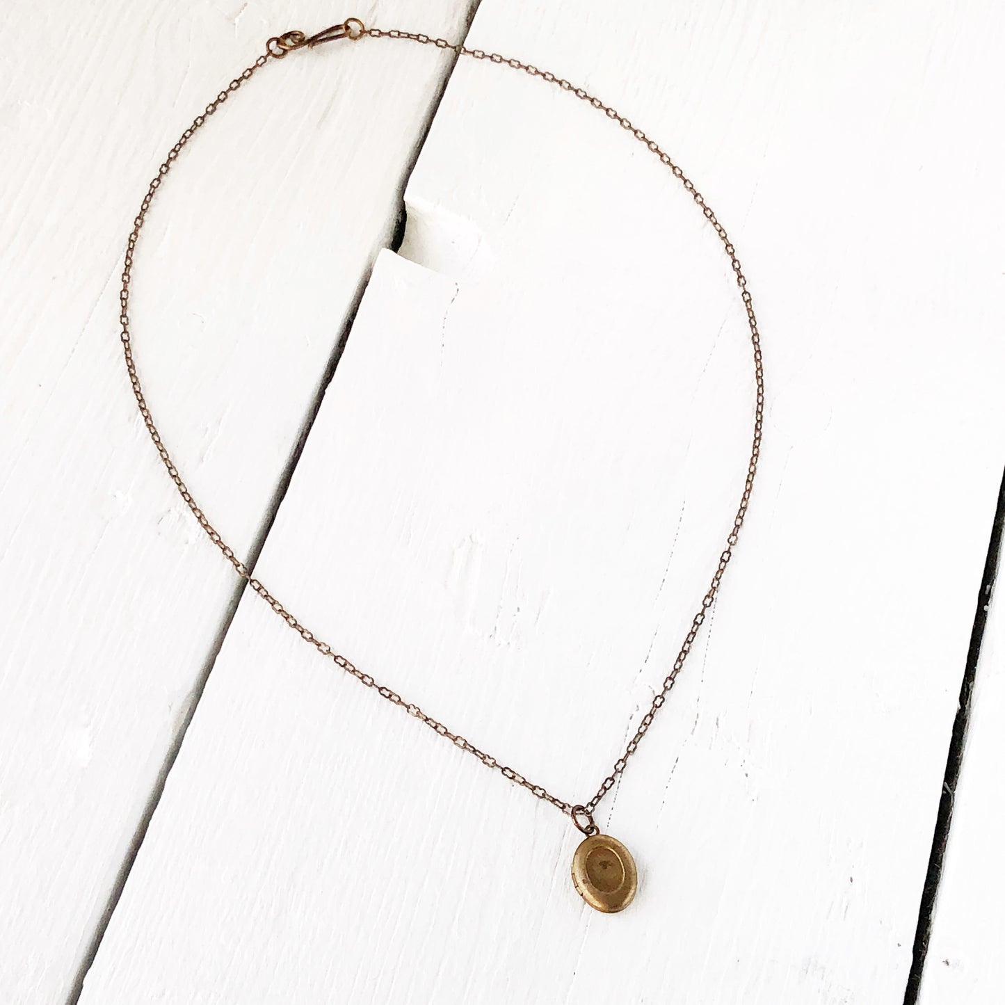 Mini Brass Locket with Vintage Patina and Old-Timey “Peanut” Chain