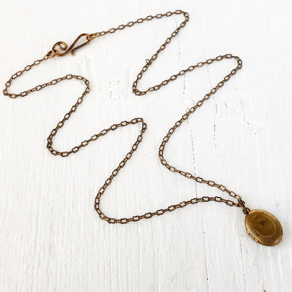 Mini Brass Locket with Vintage Patina and Old-Timey “Peanut” Chain