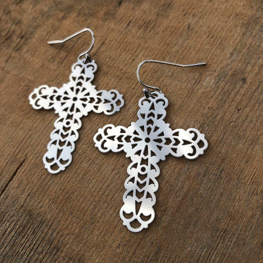 Filigree Cross Earrings, Stainless Steel Earring Pair French hooks ball tip, Silver Lightweight non-tarnish shiny
