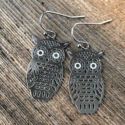 Owl Earrings with French hooks ball tip, Cut out Filigree Owls Stainless Steel Earring Pair, Silver Lightweight non-tarnish Bird