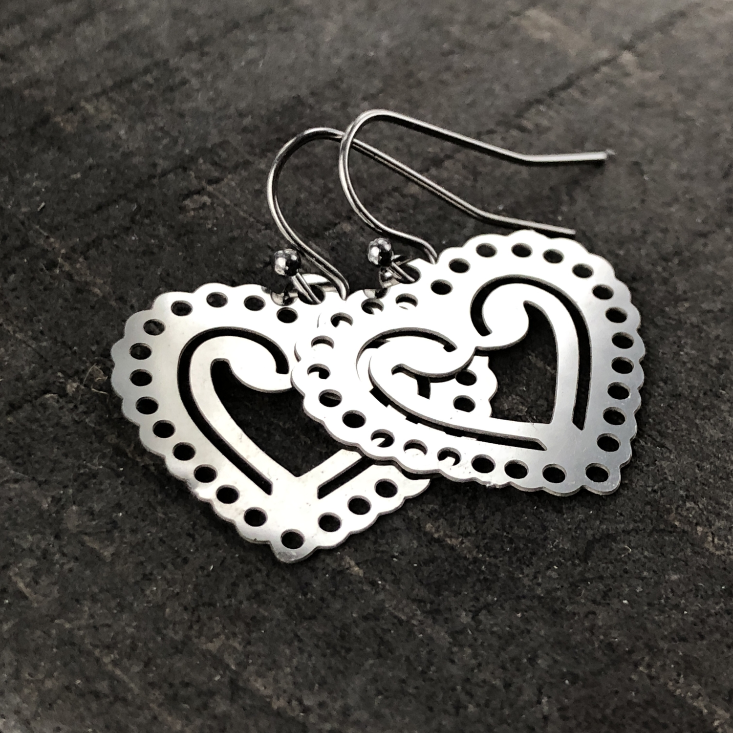 Heart Earrings with French hooks ball tip, Cut out Filigree Valentine Stainless Steel Earring Pair, Silver Lightweight non-tarnish Hearts