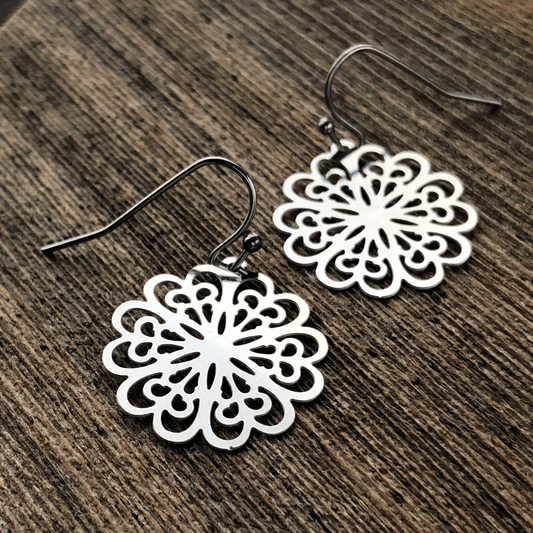 Round Floral Filigree Earrings, Grandma-chic Snowflake-like Doily Inspired