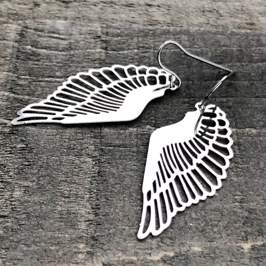 Wing Earrings with French hooks ball tip, Cut out Filigree Angel Wings, Stainless Steel Earring Pair, Silver Lightweight non-tarnish shiny