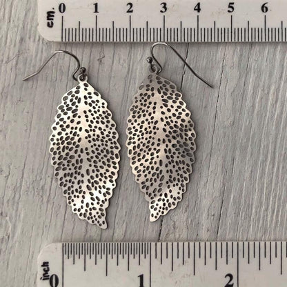 Filigree Leaf Earrings – Long Feather-like Leaves with Cutout Design