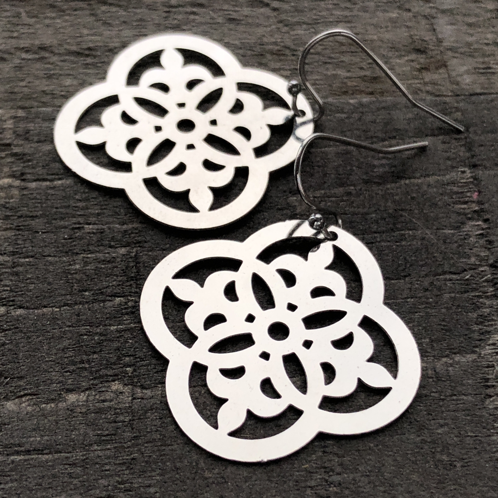 Quatrefoil Filigree Earrings with French hooks ball tip, Stainless Steel Earring Pair, Silver Lightweight non-tarnish shiny