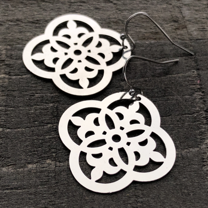 Quatrefoil Filigree Earrings with French hooks ball tip, Stainless Steel Earring Pair, Silver Lightweight non-tarnish shiny