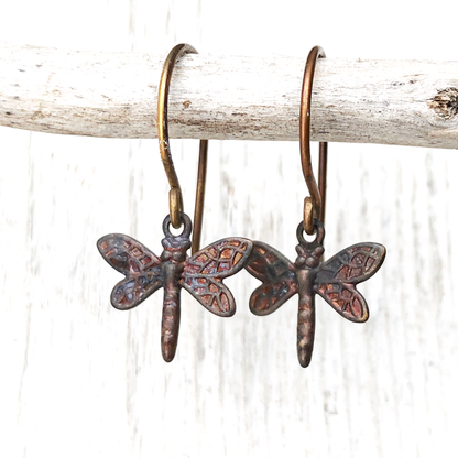 Tiny Dragonfly Brass Earrings with Handmade French hooks, Patina’d Charms Little Antiqued Brass Dragonflies