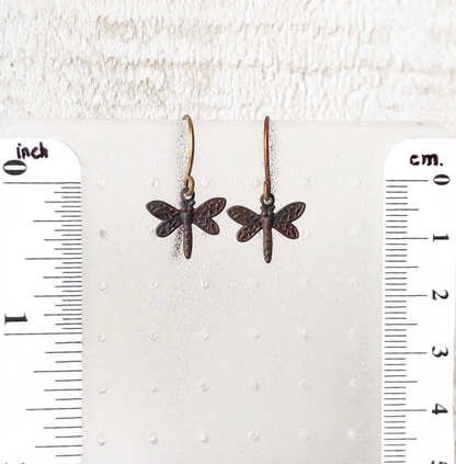 Tiny Dragonfly Brass Earrings with Handmade French hooks, Patina’d Charms Little Antiqued Brass Dragonflies