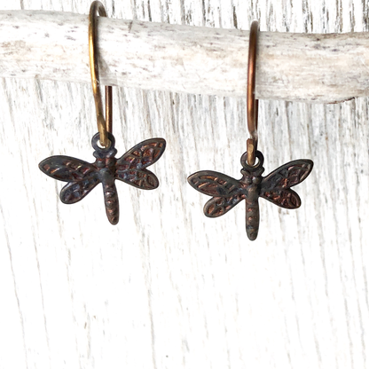 Tiny Dragonfly Brass Earrings with Handmade French hooks, Patina’d Charms Little Antiqued Brass Dragonflies