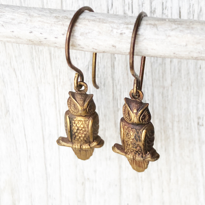 Rustic Brass Owl Earrings – Patina’d Charms, Handmade French Hook Ear Wires