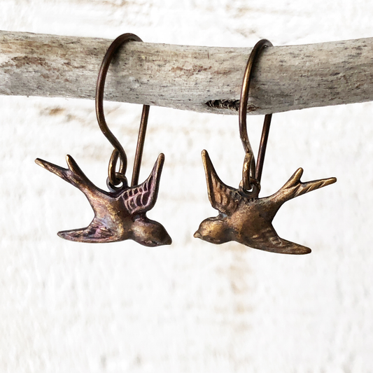 Little Bird Brass Earrings with Handmade French hooks, Patina’d Charms Little Antiqued Brass Sparrows
