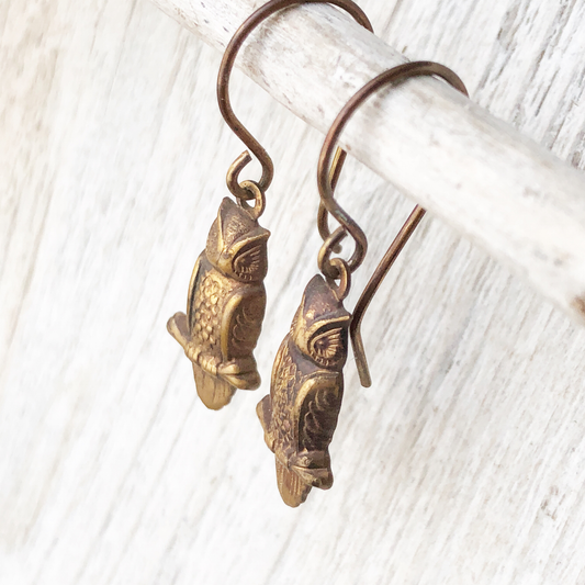 Little Owl Brass Earrings with Handmade French hooks, Patina’d Charms Little Antiqued Brass Owls