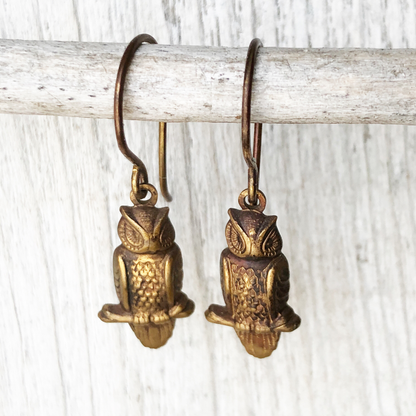 Rustic Brass Owl Earrings – Patina’d Charms, Handmade French Hook Ear Wires