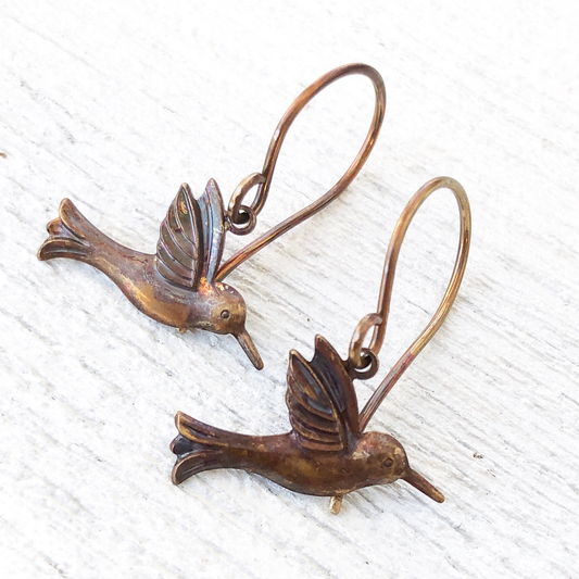 Hummingbird Brass Earrings with Handmade French hooks, Patina’d Charms Little Antiqued Brass Bird