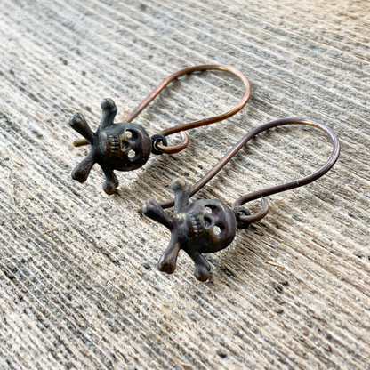 Tiny Skulls Brass Earrings with Handmade French hooks, Patina’d Charms Little Antiqued Brass Skull