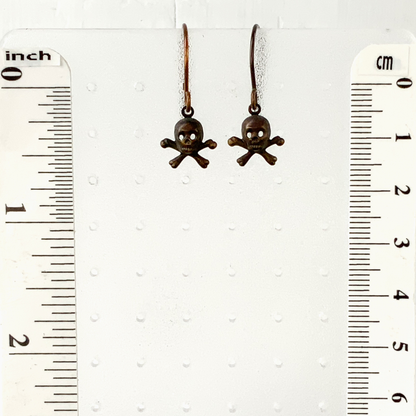 Tiny Skulls Brass Earrings with Handmade French hooks, Patina’d Charms Little Antiqued Brass Skull