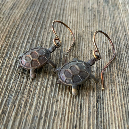 Tortoise Brass Earrings with Handmade French hooks, Patina’d Charms Little Antiqued Brass Turtle