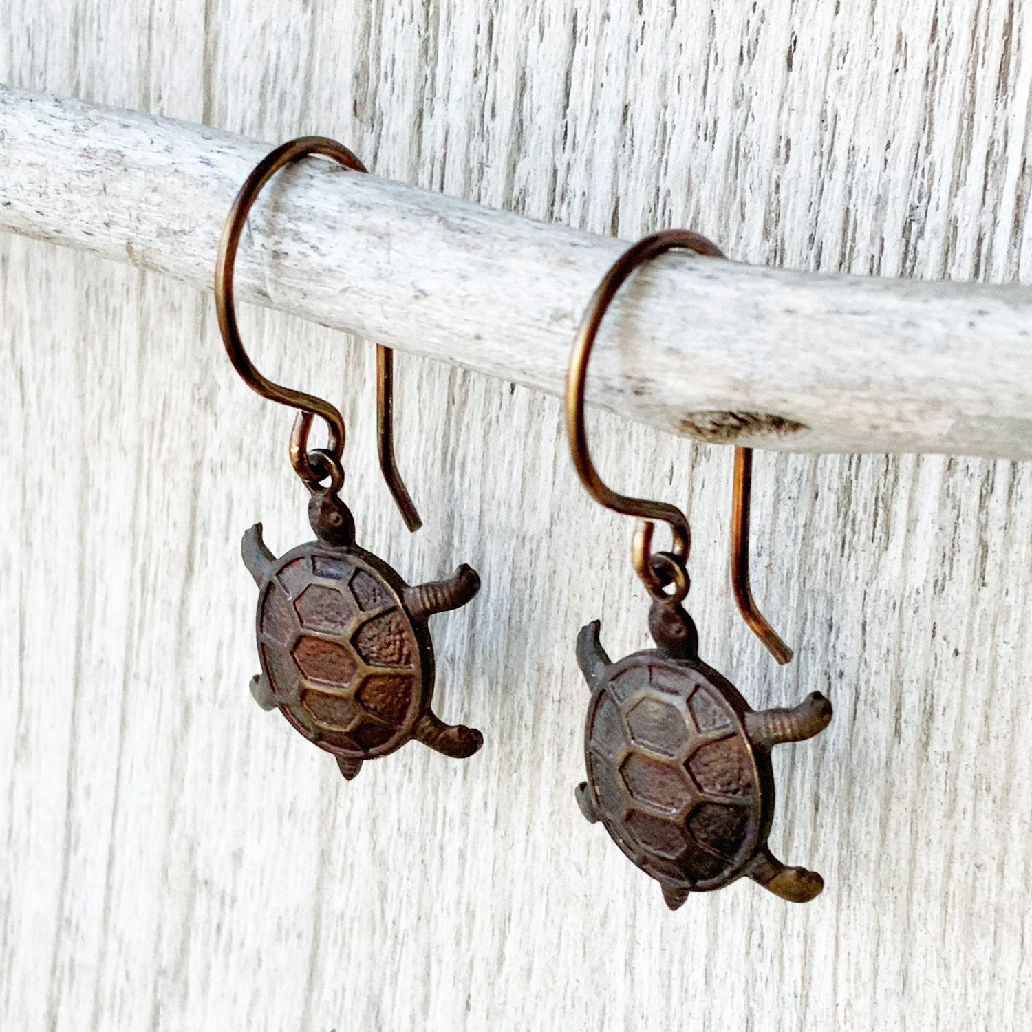 Tortoise Brass Earrings with Handmade French hooks, Patina’d Charms Little Antiqued Brass Turtle