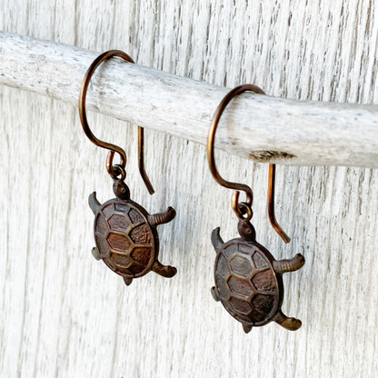 Tortoise Brass Earrings with Handmade French hooks, Patina’d Charms Little Antiqued Brass Turtle