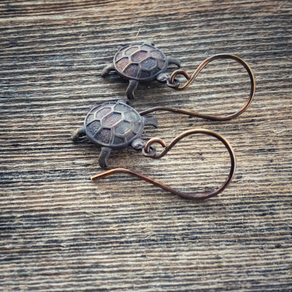 Tortoise Brass Earrings with Handmade French hooks, Patina’d Charms Little Antiqued Brass Turtle