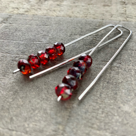 Red & Blood Orange Mini Glass Gem Threader Earrings, Rectangle Modern Ear Wires