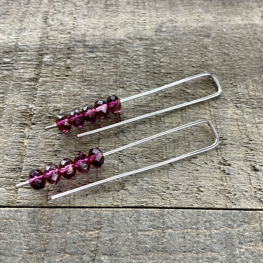 Amethyst Purple Mini Glass Gem Threader Earrings, Rectangle Modern Ear Wires