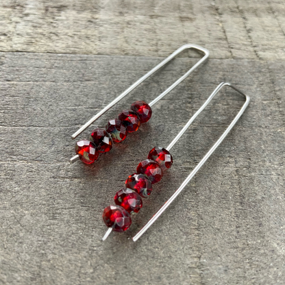 Red & Blood Orange Mini Glass Gem Threader Earrings, Rectangle Modern Ear Wires