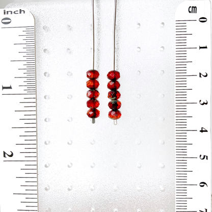 Red & Blood Orange Mini Glass Gem Threader Earrings, Rectangle Modern Ear Wires