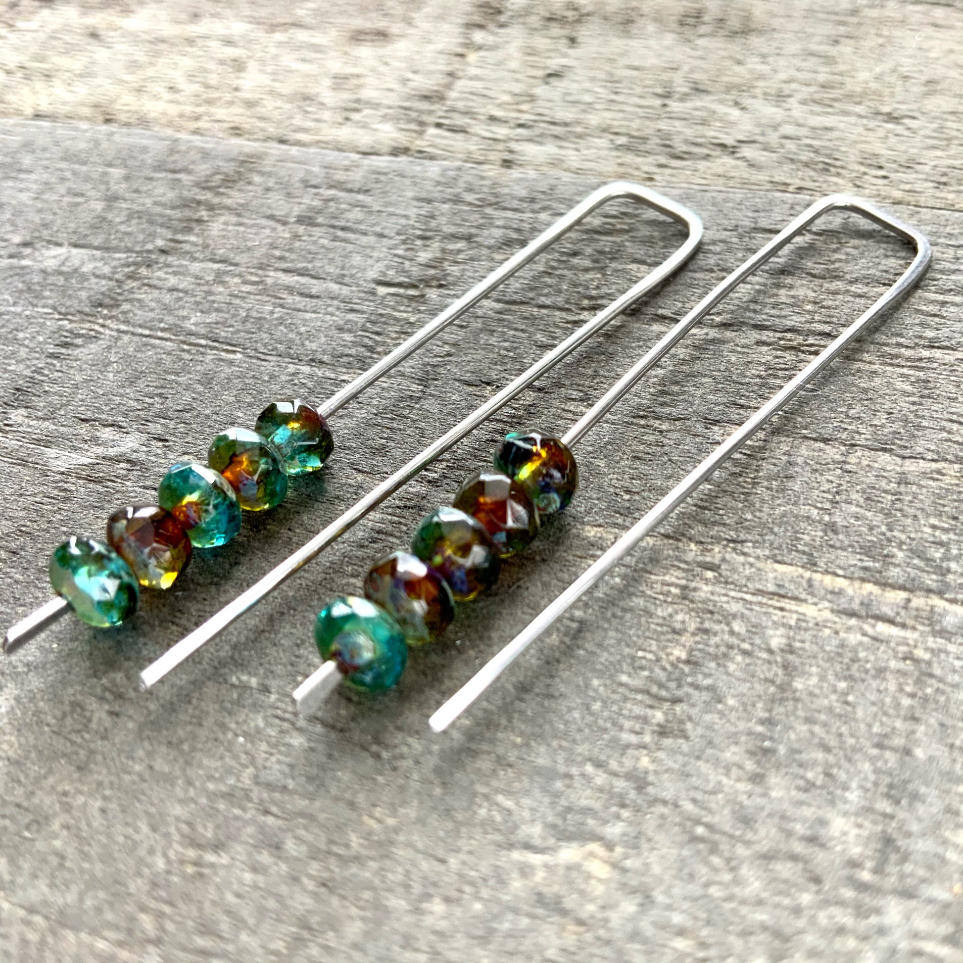 Topaz Blue Amber Mix Mini Glass Gem Threader Earrings, Rectangle Modern Ear Wires