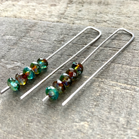 Topaz Blue Amber Mix Mini Glass Gem Threader Earrings, Rectangle Modern Ear Wires