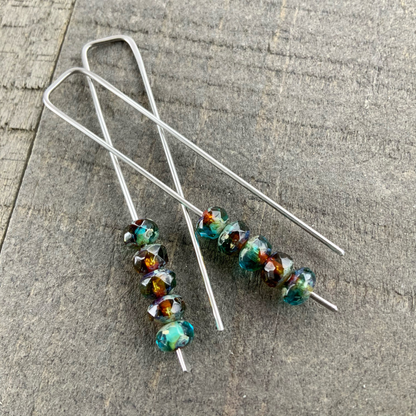 Topaz Blue Amber Mix Mini Glass Gem Threader Earrings, Rectangle Modern Ear Wires