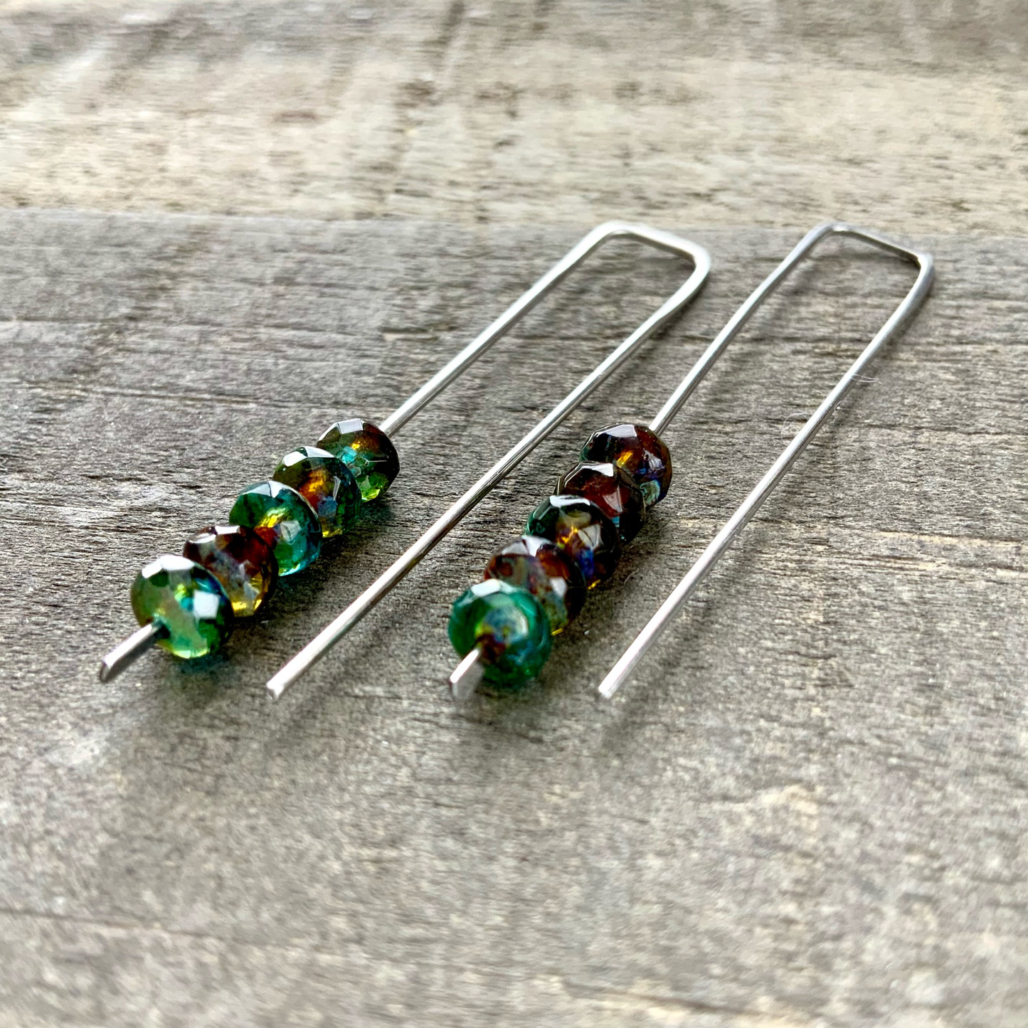 Topaz Blue Amber Mix Mini Glass Gem Threader Earrings, Rectangle Modern Ear Wires