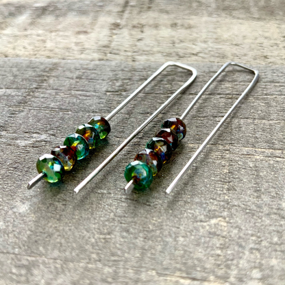 Topaz Blue Amber Mix Mini Glass Gem Threader Earrings, Rectangle Modern Ear Wires