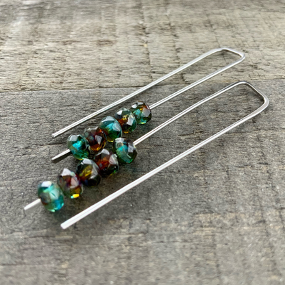 Topaz Blue Amber Mix Mini Glass Gem Threader Earrings, Rectangle Modern Ear Wires