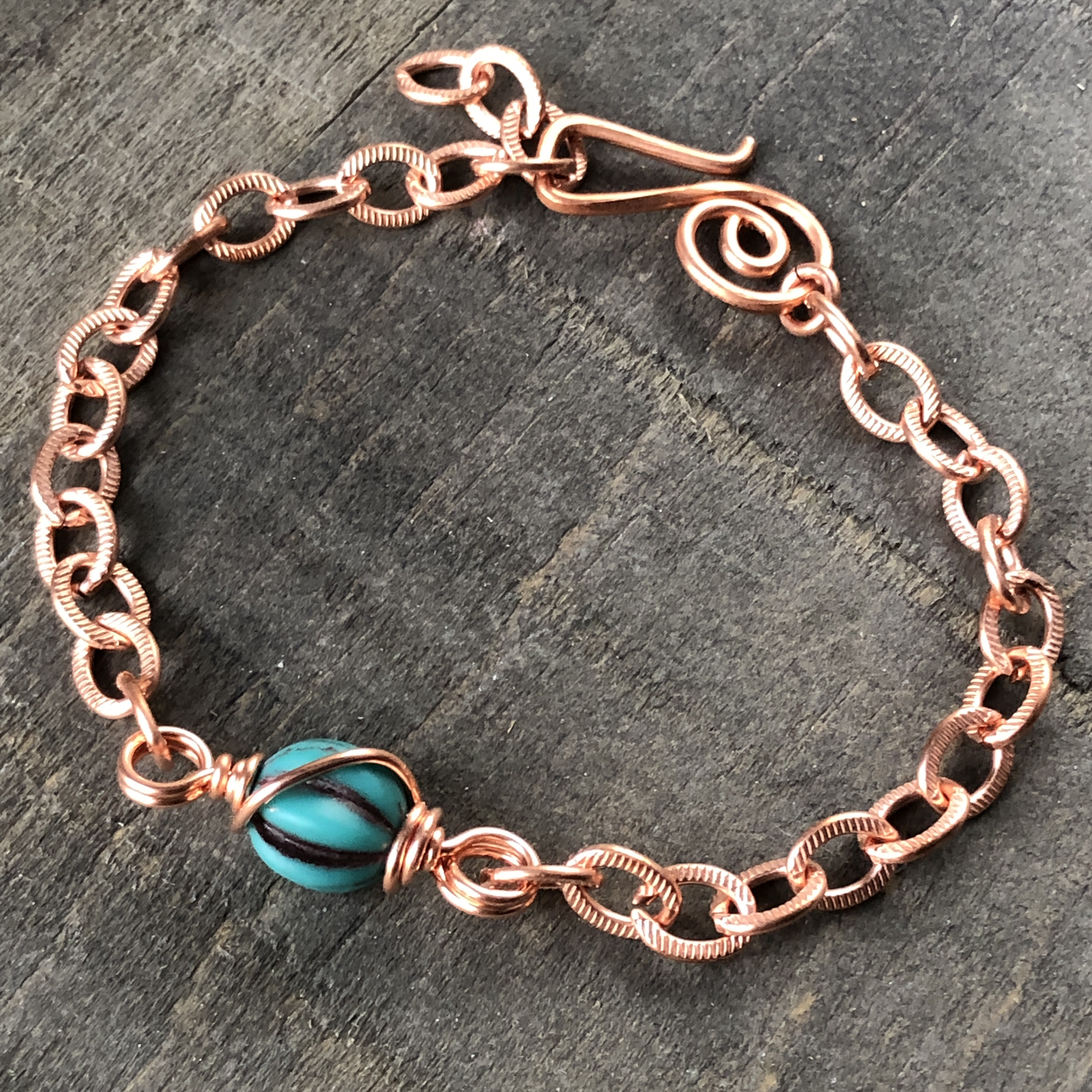 Fluted Turquoise Czech Glass Bead Bracelet with Etched Copper Chain
