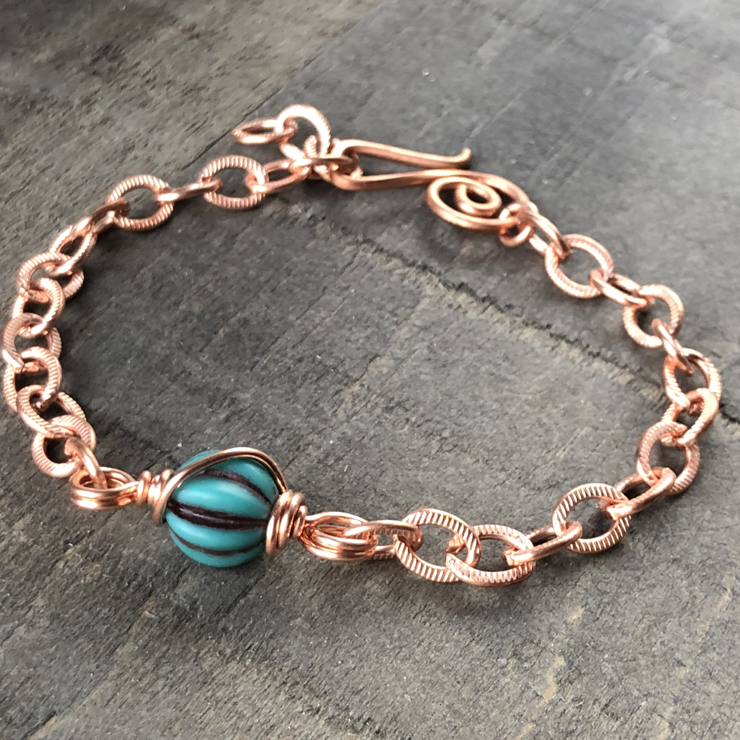 Fluted Turquoise Czech Glass Bead Bracelet with Etched Copper Chain