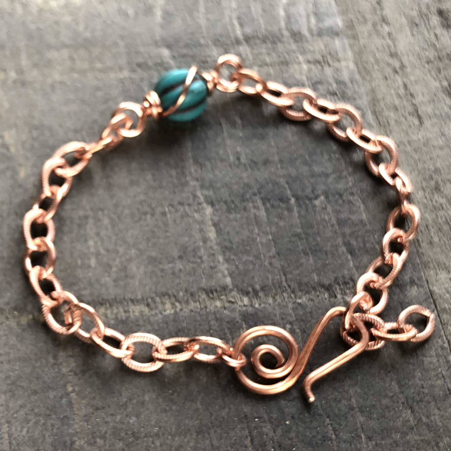 Fluted Turquoise Czech Glass Bead Bracelet with Etched Copper Chain