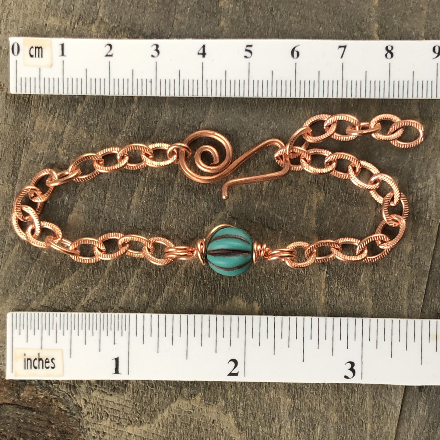 Fluted Turquoise Czech Glass Bead Bracelet with Etched Copper Chain