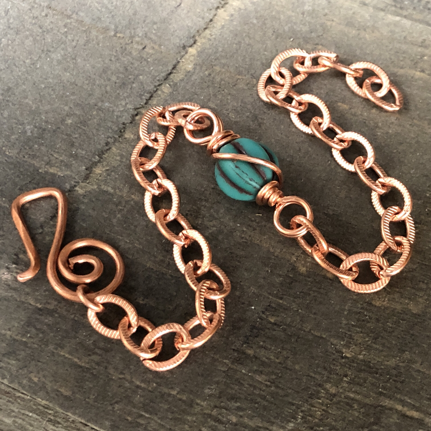 Fluted Turquoise Czech Glass Bead Bracelet with Etched Copper Chain