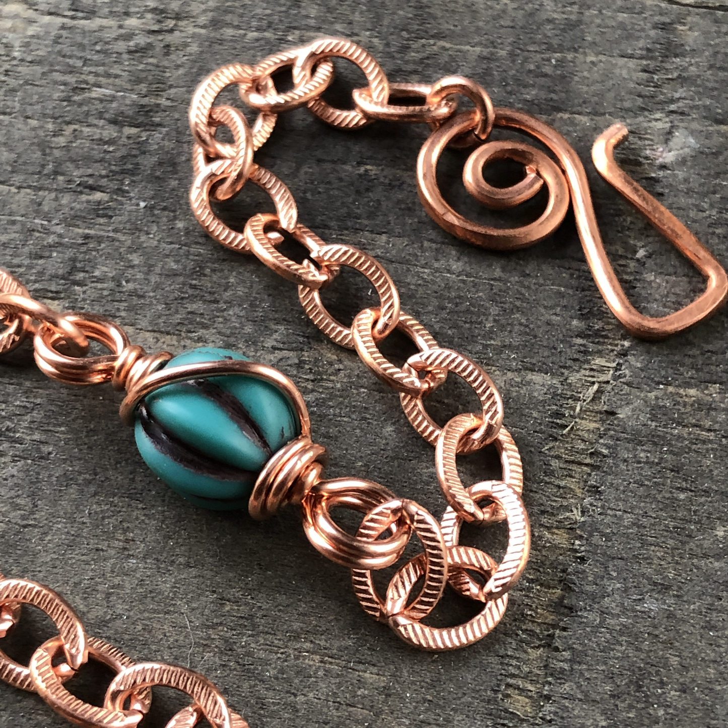 Fluted Turquoise Czech Glass Bead Bracelet with Etched Copper Chain