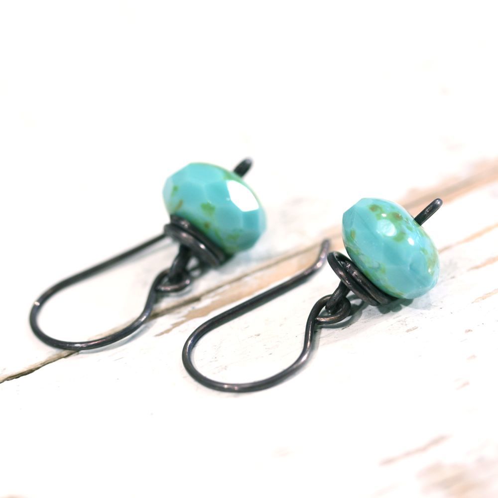 Turquoise Czech Glass Copper Wirework Earrings