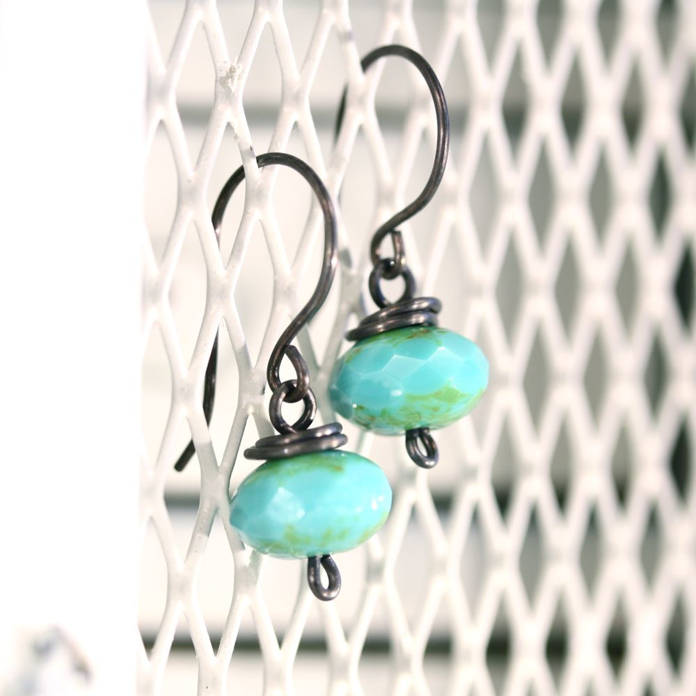 Turquoise Czech Glass Copper Wirework Earrings