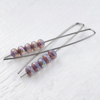 Opal Lilac Mini Glass Gem Threader Earrings, Rectangle Modern Ear Wires, Purple