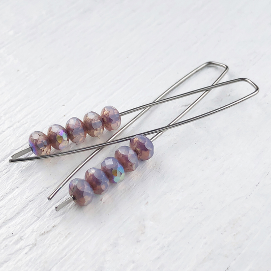 Opal Lilac Mini Glass Gem Threader Earrings, Rectangle Modern Ear Wires, Purple