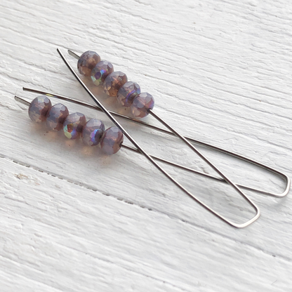 Opal Lilac Mini Glass Gem Threader Earrings, Rectangle Modern Ear Wires, Purple