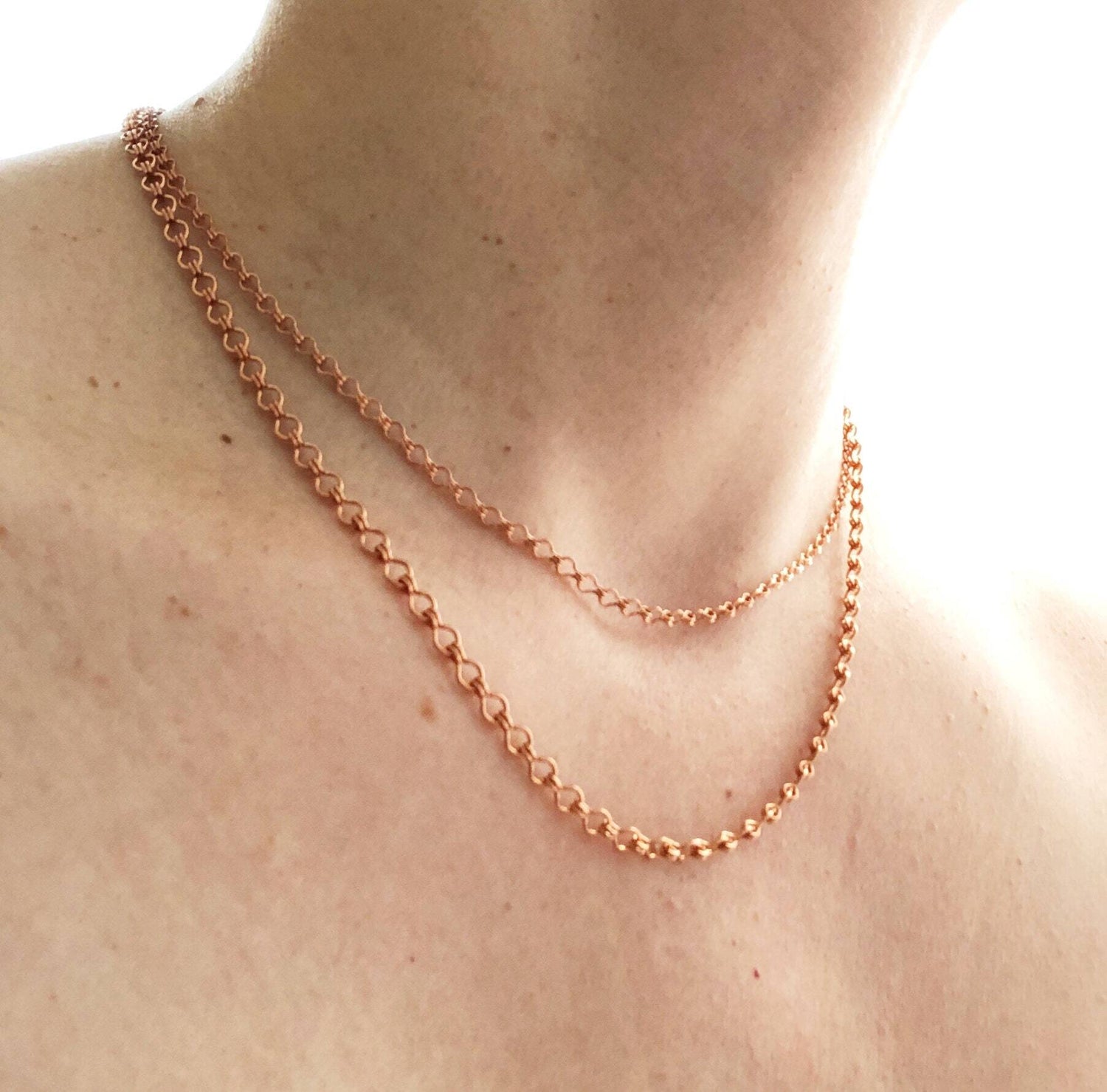 Small Adjustable Copper Necklace Chain, 3mm 4mm Ladder Chain Solid Copper Chain Petite Custom Length Artisan Clasp, Pure Copper Cable Chain