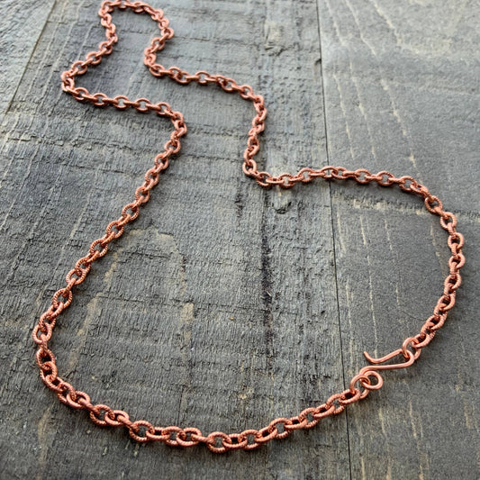 Etched Copper Necklace Chain, Patterned Small Cable Links Custom Length Chain with Handmade Clasp, Textured Genuine Pure Copper Necklace